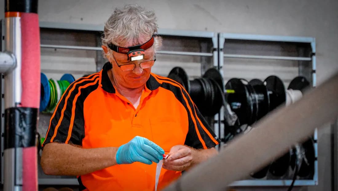 A Vision RV tradesperson in safety gear doing detailed finishing work