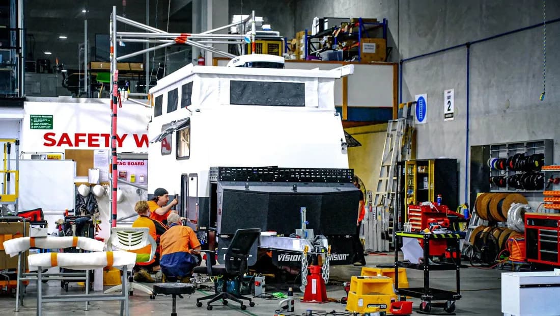 A caravan under construction on the Vision RV factory floor