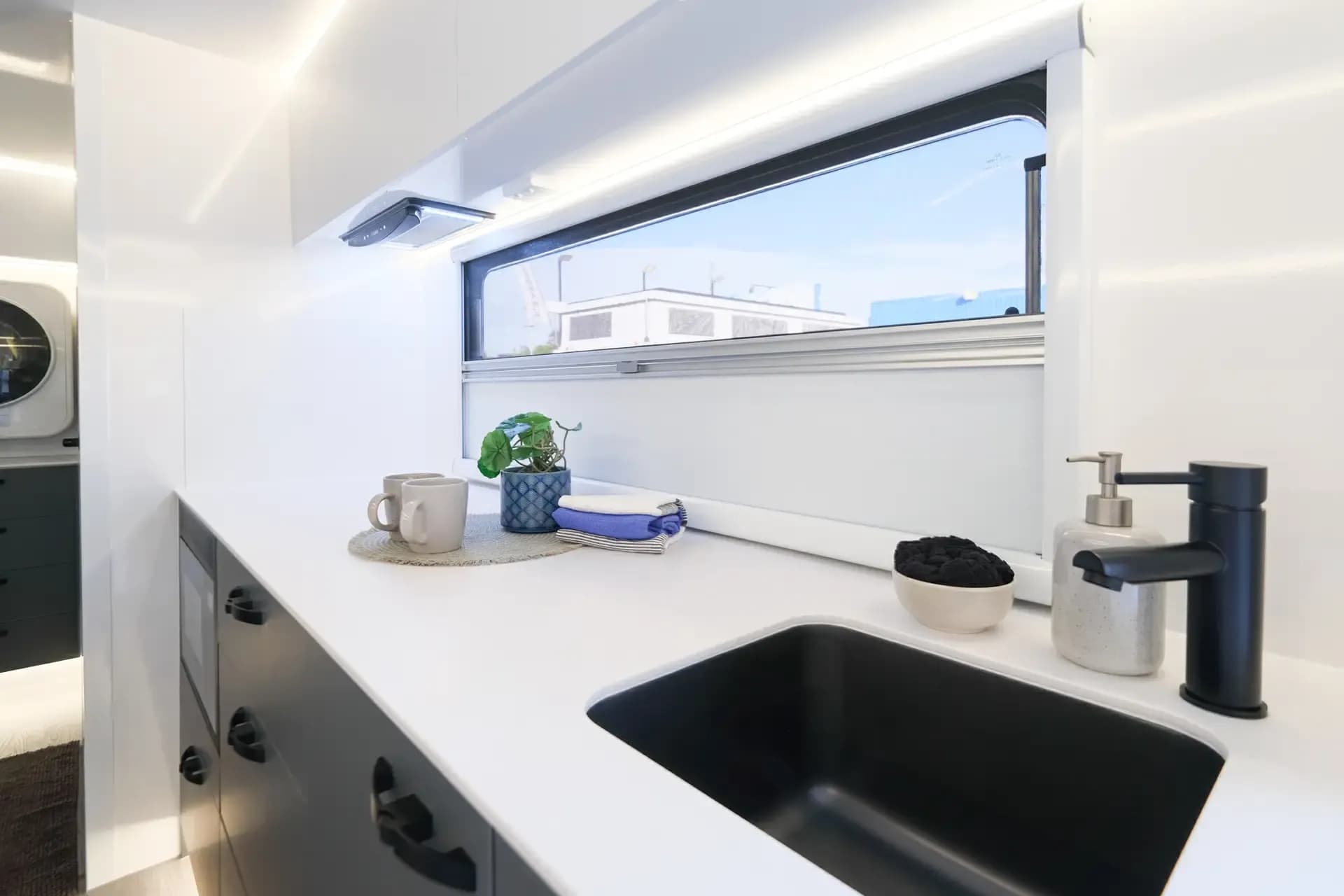 Galley and solid-surface bench