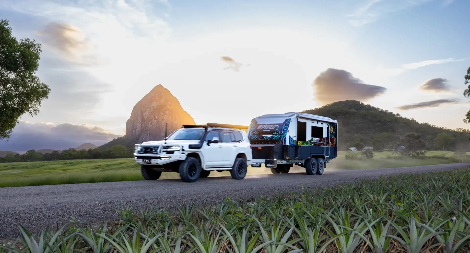 Waabiny towed along a gravel road below the Glasshouse Mountains